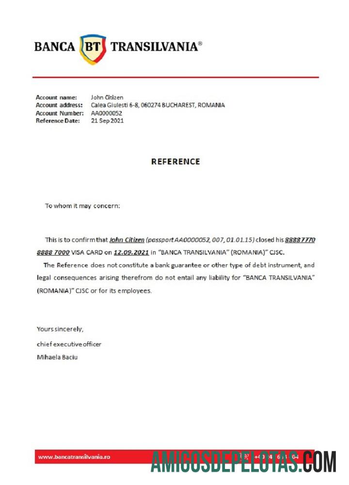 Referência de fechamento do Romênia Banca Transilvania modelo